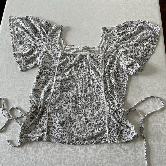 Lucky Brand Women Top Small Blouse Floral Square Neck Puff Sleeve Tie Sides - Picture 1 of 9